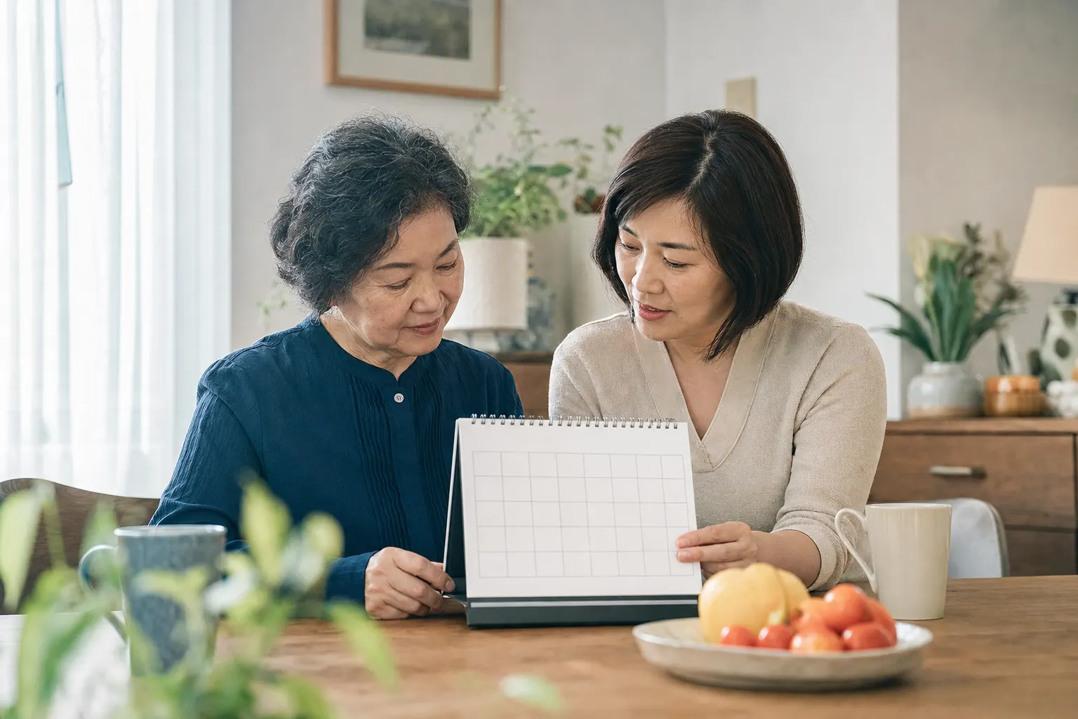 長者與家人並肩查看簡潔的紙本行程表