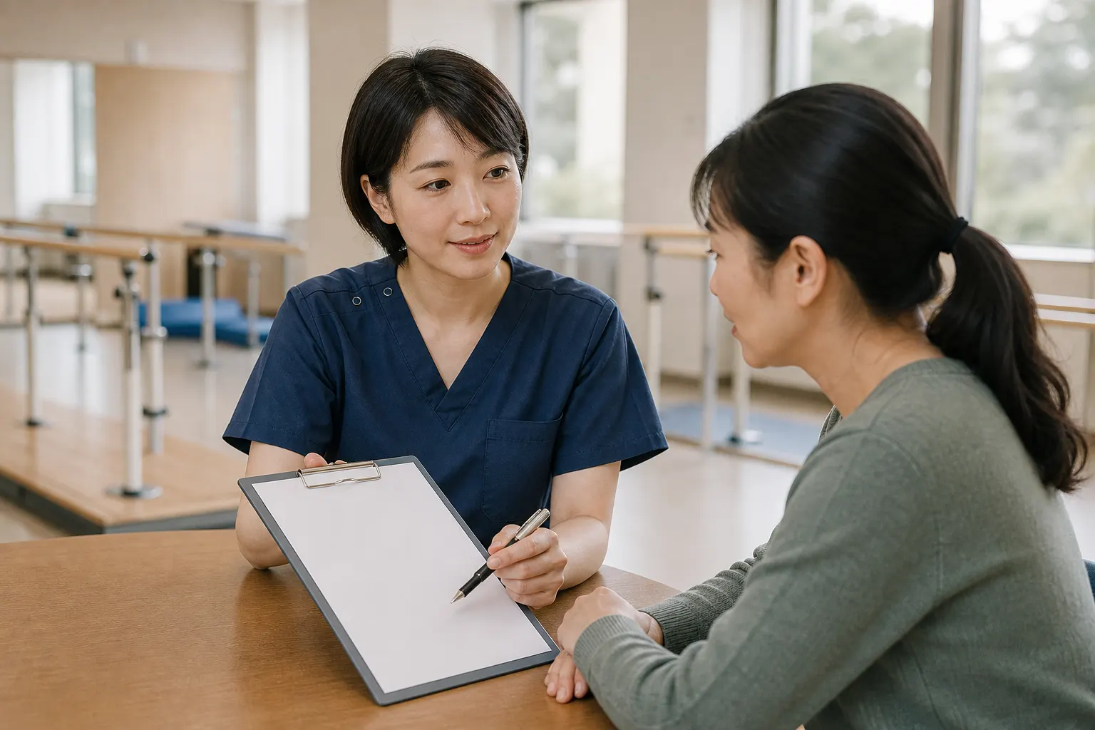 家屬與治療人員在桌前查看不含個資的復健行程表