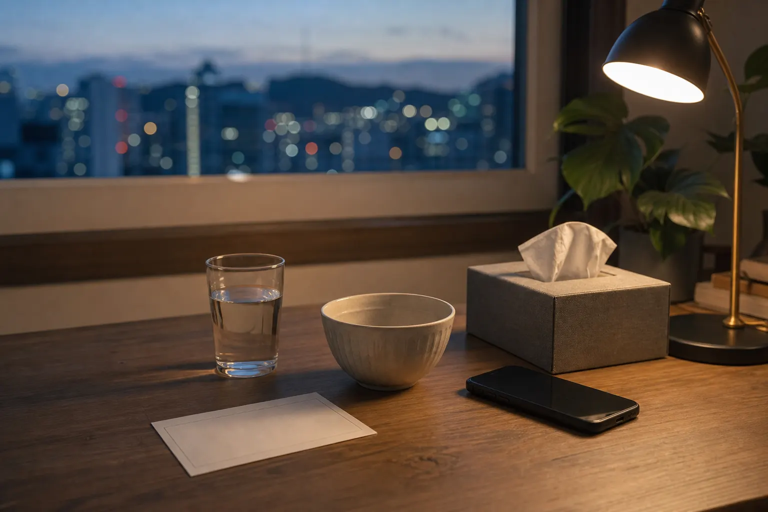 夜間居家桌面的水杯、紙巾與電話聯絡便條